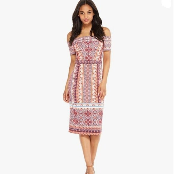 Maggy London Melanie Lyne Off The Shoulder Scuba Midi Dress Size 12 Bodycon - Picture 2 of 12